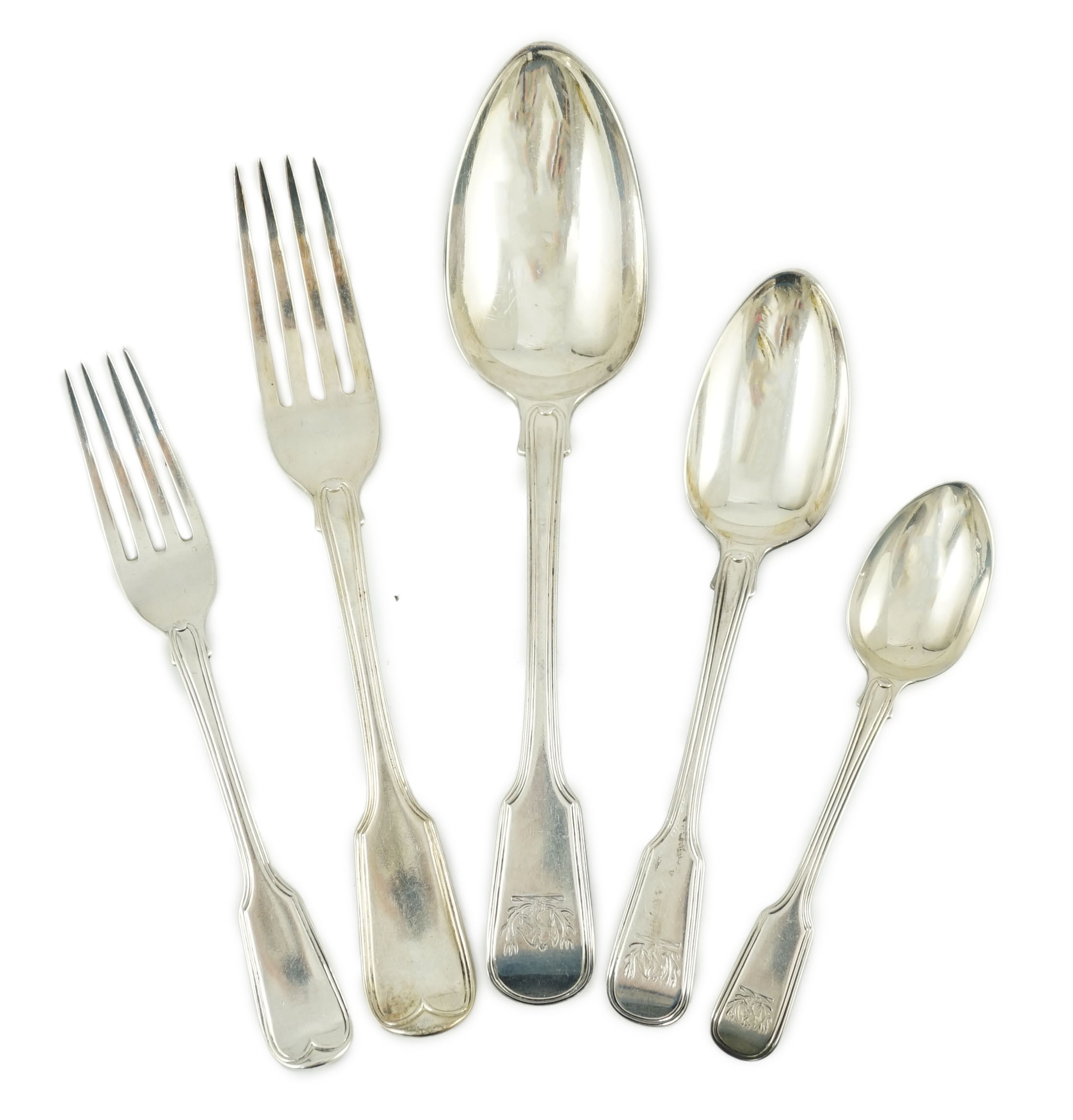A harlequin Victorian/George III silver fiddle and thread pattern part canteen of cutlery